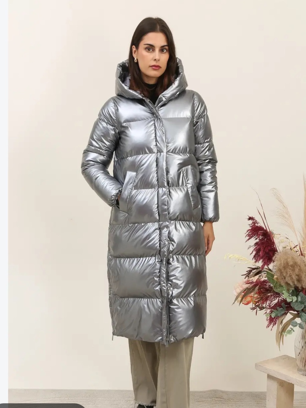 Lattelier Hooded Long Metallic Silver Puffer Coat